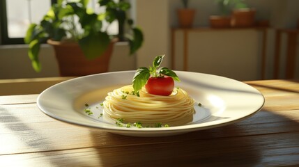 Wall Mural - Fresh Italian Pasta Dish with Tomato and Basil on a Wooden Table