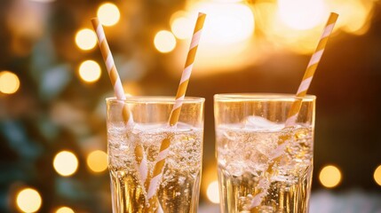 Wall Mural - A dreamy sunset party with eco-friendly striped paper straws in glasses of sparkling water, surrounded by fairy lights.
