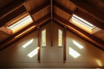 Poster - A modern loft interior featuring warm wooden beams and skylights that allow natural sunlight to illuminate the room, creating a cozy and inviting atmosphere.