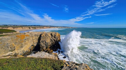 Wall Mural - Dramatic Coastal Cliffs Framing Crashing Ocean Waves Under Vibrant Blue Sky