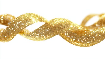 Wall Mural - Shimmering golden ribbon twisted elegantly, reflecting light with a sparkling effect, ideal for decorative purposes.