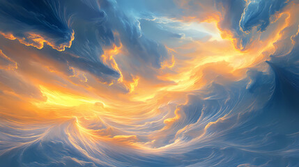 Poster - A sky ablaze with warm golden light and soft blue hues at sunset features spindrift clouds drifting gently across the heavens, beautiful view, warm glow. Spindrift. Illustration