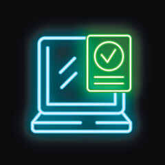 Wall Mural - neon style icon of a laptop with a valid document, symbolizing online security or successful documen