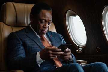 A businessman in a tailored suit attentively reads his phone within the luxurious confines of a private jet, evoking themes of wealth, connectivity, and focus.