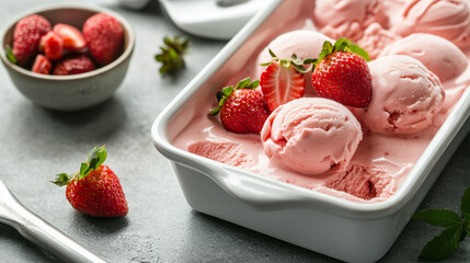 Poster - Delicious strawberry ice cream served in a white dish with fresh strawberries and mint leaves on a gray tabletop