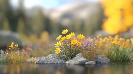 Wall Mural - Colorful wildflowers blooming by a serene lake in a tranquil natural landscape setting