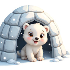 Wall Mural - Adorable arctic bear cub playing outside its igloo in a snowy landscape, digital art of character design concept.