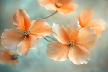 Aufkleber - Delicate orange flowers with softly glowing petals float gracefully against a blurred blue backdrop, capturing an essence of tranquility and subtle elegance.