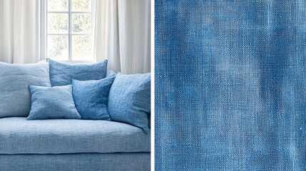 Wall Mural - Soft Blue Textures with Cushions and Drapes Near Bright Window