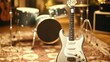 © Boonnam Burart - Classic Electric Guitar in Studio with Drums and Carpet Background