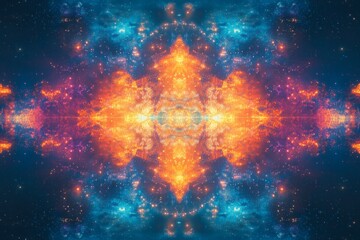Poster - A striking symmetrical abstract image depicting a vibrant cosmic explosion with fiery and blue hues creating a dynamic, energetic visual experience.