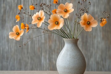 Aufkleber - A graceful composition showcasing delicate peach flowers elegantly arranged in a vase, set against a rustic textured background, highlighting natural beauty.