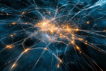 Fototapete - Intricate strands of golden light emanate from a central point, resembling cosmic networks against a bluish backdrop, evoking a sense of wonder and connection.