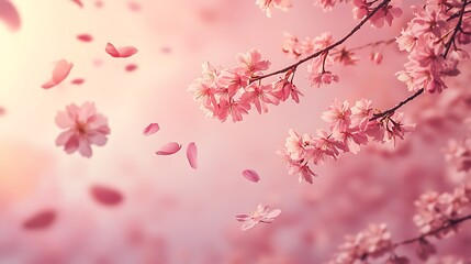 Wall Mural - Petal Rain: Capture falling cherry blossoms against a pastel-pink sky