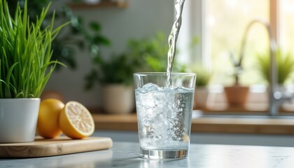 Wall Mural - Water pouring into glass in bright kitchen. Plants and lemons add refreshing touch. Cleanliness and healthy lifestyle are emphasized in scene. Modern home interior. Daily hydration in home setting.