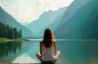 © Pete - Woman sits alone by serene lake. Looking at distant mountains. Peaceful nature scene. Relaxed atmosphere. Possible morning afternoon. Green trees, water. Quiet, reflective moment. Woman enjoys