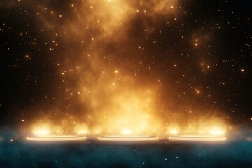 Wall Mural - a cosmic scene featuring vibrant golden clouds and a glowing horizon against a starry backdrop, evok