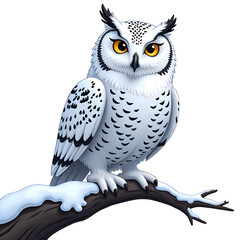 Wall Mural - Majestic snowy owl perched gracefully on a snow covered branch in a winter wonderland setting, digital illustration of character design concept.