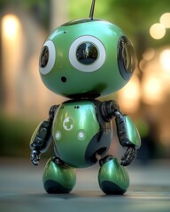 Leinwandbilder - Cute Green Robot Toy with Big Eyes and Antenna in Futuristic Sci-Fi Setting : Generative AI