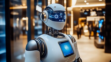 Fototapete - Futuristic Humanoid Robot with Digital Interface in a Modern Tech Environment : Generative AI