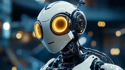 Poster - Futuristic White Robot with Glowing Yellow Eyes in Modern Environment : Generative AI