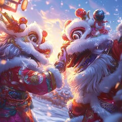 Two lion dancers in winter, performing a traditional dance.