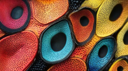 The intricate structure of a ladybug's compound eyes revealed under a biological microscope, showcasing vibrant colors and fine details.