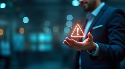 Technology for managing risks: a businessman holds a glowing alert symbol, which highlights the active assessment and management of risks in business.