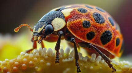 A ladybug's abdomen captured under a biological microscope, revealing intricate textures and vibrant patterns in stunning microscopic detail.