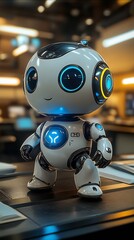 Aufkleber - Adorable White Robot with Blue Features in High Tech Office Space : Generative AI