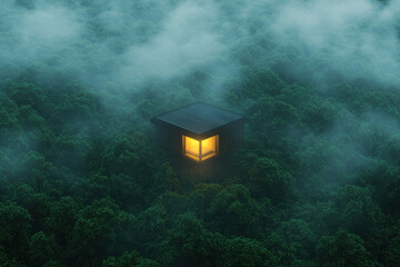 Wall Mural - solitary cabin glowing in dense foggy forest