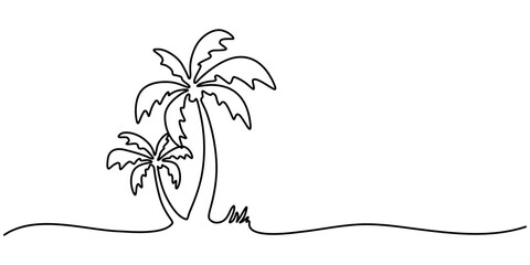 Fototapete - Continuous Line Drawing of a Palm Tree – Tropical Vector Design, Palm tree single line drawing of continuous one line vector art outline illustration, one line drawing of Palm trees on a beach. 