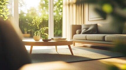 Canvas Print - Modern Scandinavian Living Room With Sunlight and Plants for Serene Home Decor : Generative AI