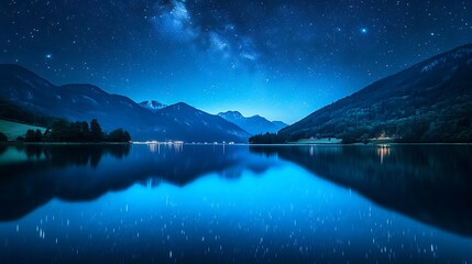 Wall Mural - Starry Night Over a Lake: Photograph a starry night sky reflected in a calm lake