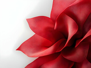 Wall Mural - Close-up of a vibrant red fabric flower, artfully arranged against a stark white backdrop, showcasing its delicate texture and flowing form.