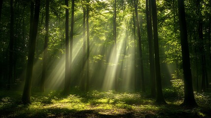  Sunbeams Through Trees: Photograph sunbeams filtering through the leaves of trees in a forest