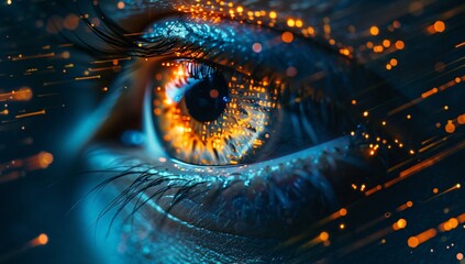 A close up of an eye with glowing digital code data and visual effect background