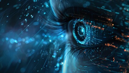 A close up of an eye with glowing digital code data and visual effect background