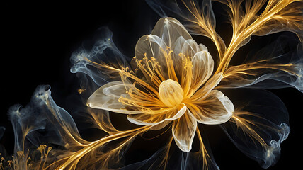 Wall Mural - Golden x-ray image of a ethereal flower on black. Fantasy mystical blossom. Generative AI
