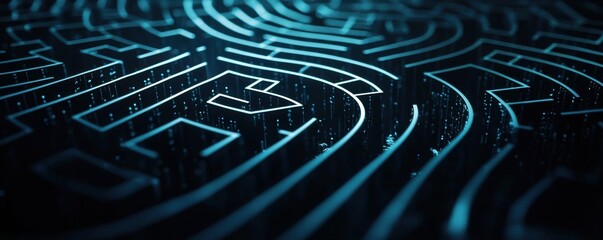 Fototapete - Optical Illusions and Perception Concepts. A dark abstract image featuring intricate lines and patterns illuminated in blue, evoking a sense of technology and complexity.