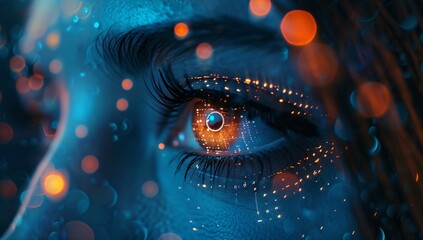 A close up of an eye with glowing digital code data and visual effect background