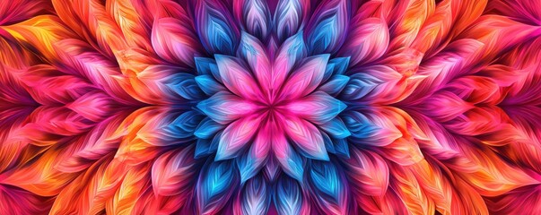 Poster - Optical Illusions and Perception Concepts. A vibrant, symmetrical design featuring colorful petals radiating in shades of pink, blue, and orange, creating a visually striking floral pattern.