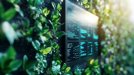 Futuristic screen embedded in a green wall.