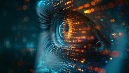 A close up of an eye with glowing digital code data and visual effect background