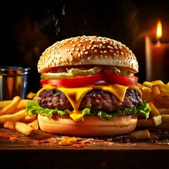 Wall Mural - A mouthwatering burger with a juicy patty, fresh lettuce, and melted cheese, presented on a rustic wooden board.