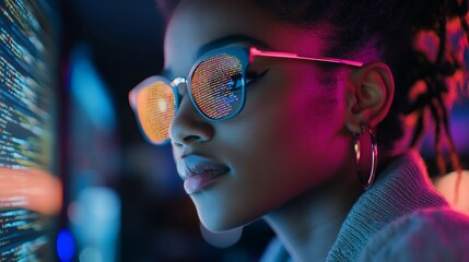 Woman programmer in neon light coding.