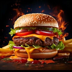 Wall Mural - A delectable burger with a thick patty, crisp lettuce, and melted cheese, served on a wooden board with a side of fries.