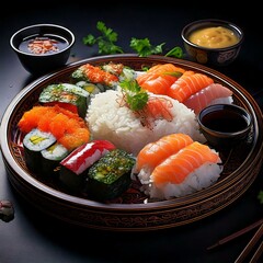 Wall Mural - A delectable platter of sushi rolls and nigiri, beautifully presented on a dark wooden board, ideal for a sophisticated dining experience.