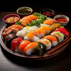 Wall Mural - A beautifully arranged platter of sushi and sashimi, featuring an assortment of fresh fish and rolls, presented on a dark wooden board.