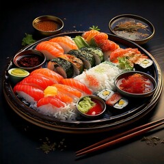 Wall Mural - An artfully presented sushi and sashimi platter with a variety of fresh fish and rolls, displayed on a rustic wooden board.